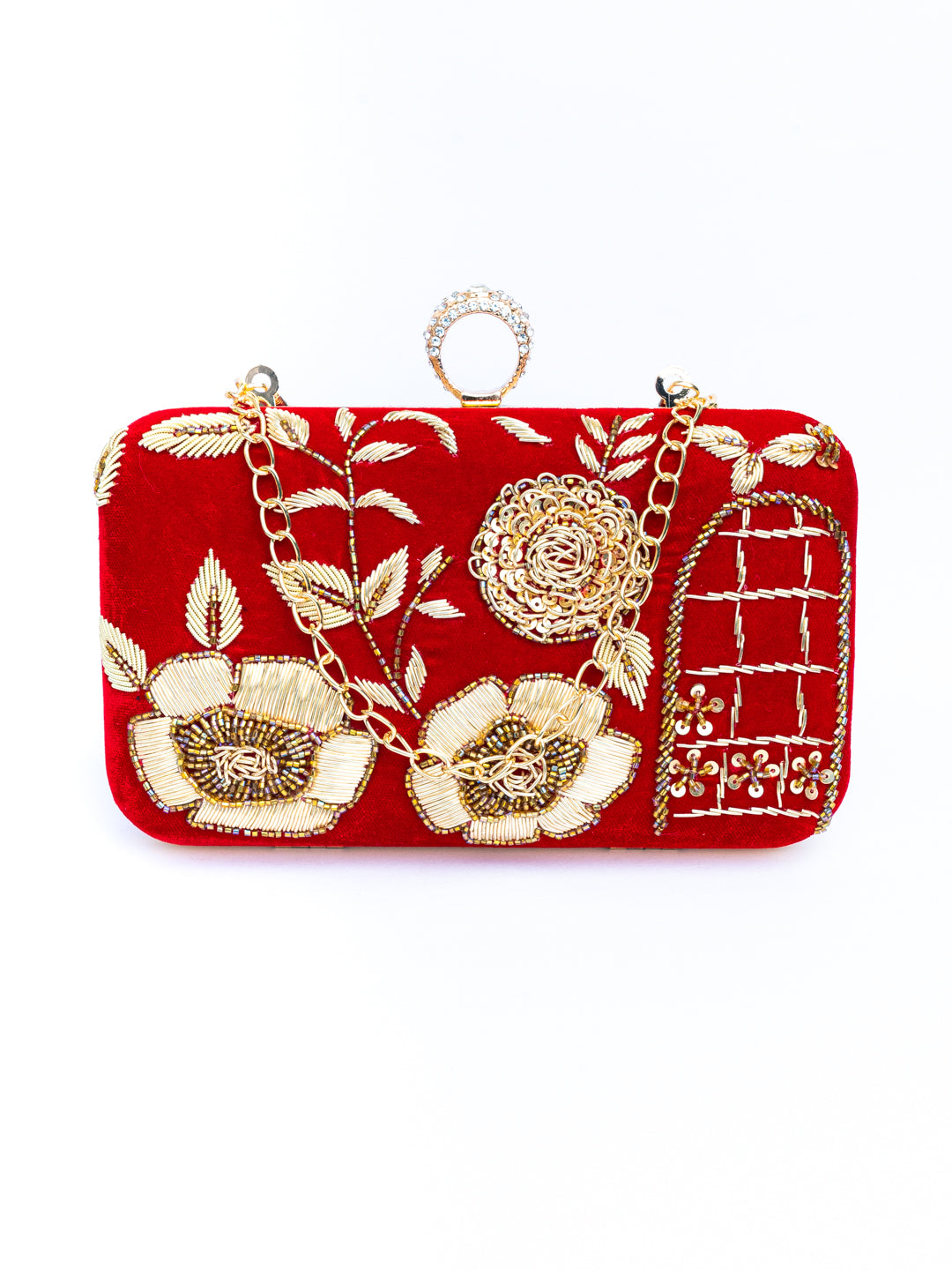 NR By Nidhi Rathi Red Gold-Toned Embroidered Box Clutch