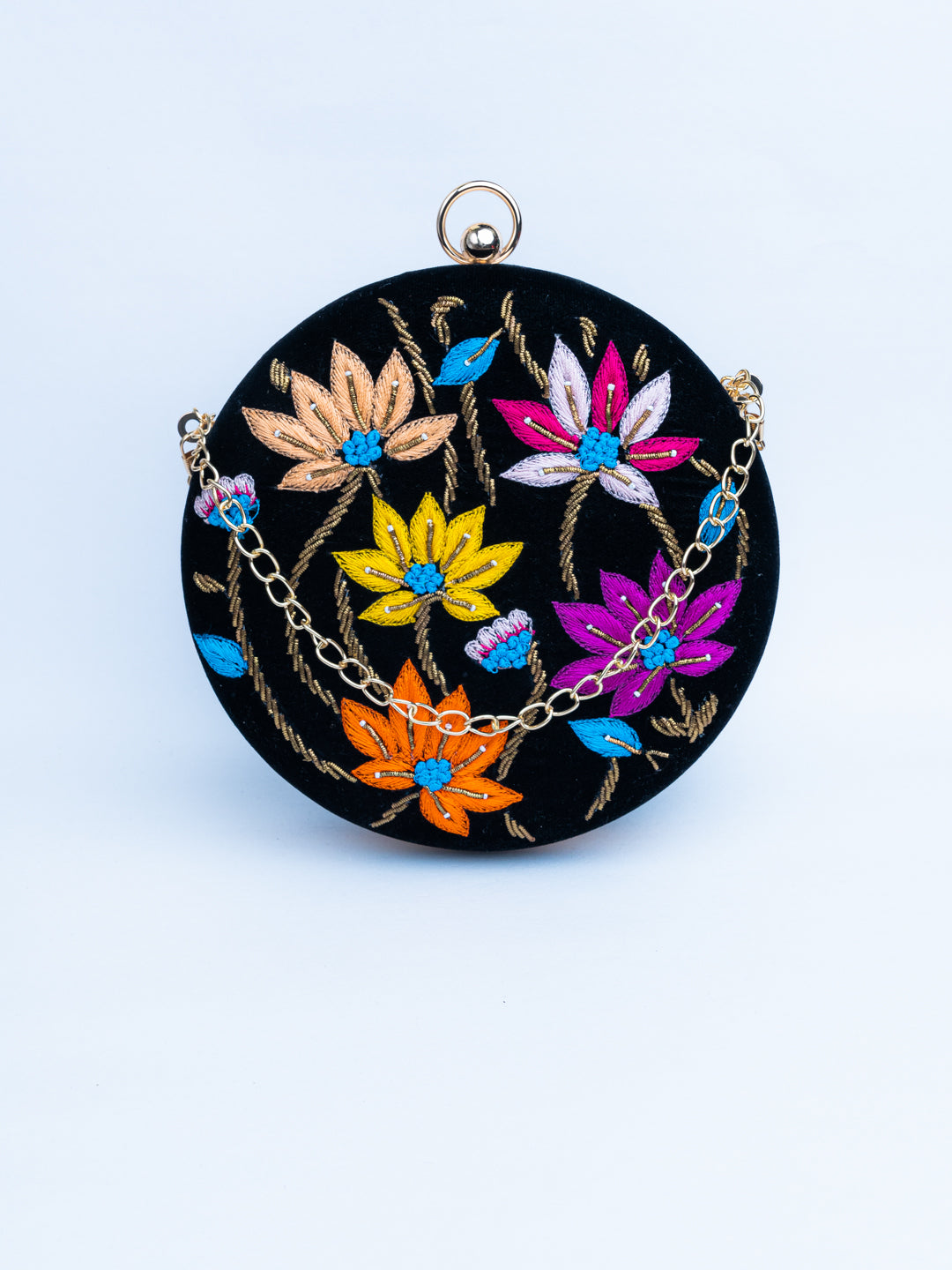 Pochette en forme de boîte brodée noire et rose NR By Nidhi Rathi