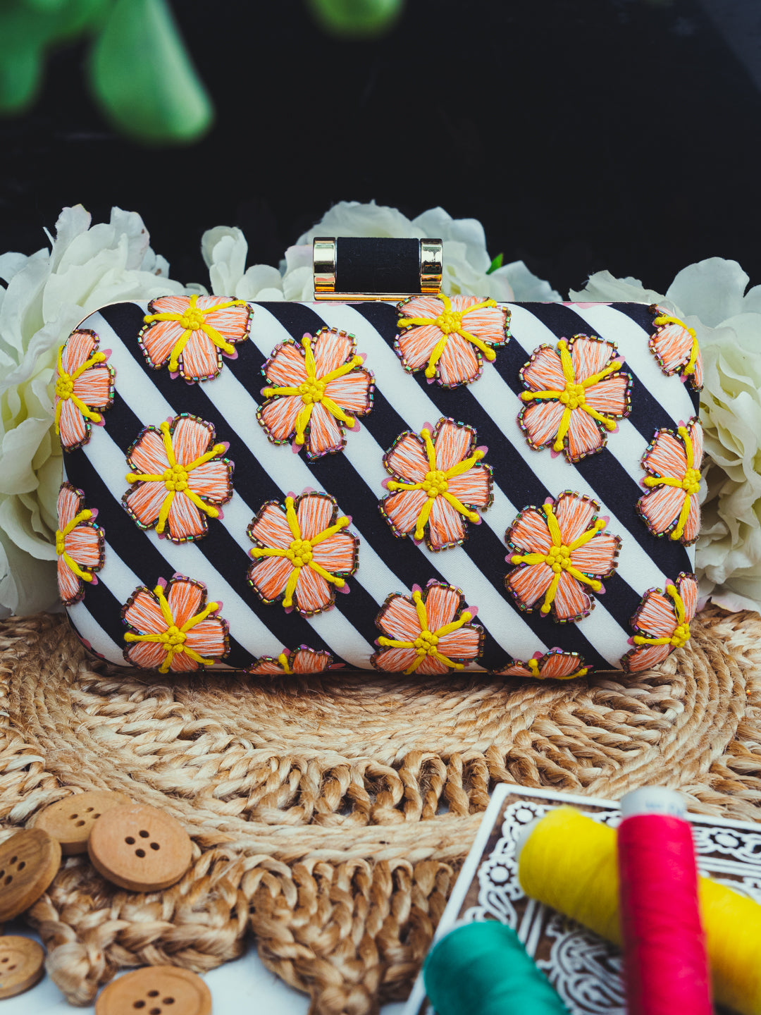 NR By Nidhi Rathi Black &amp; White Embroidered Box Clutch