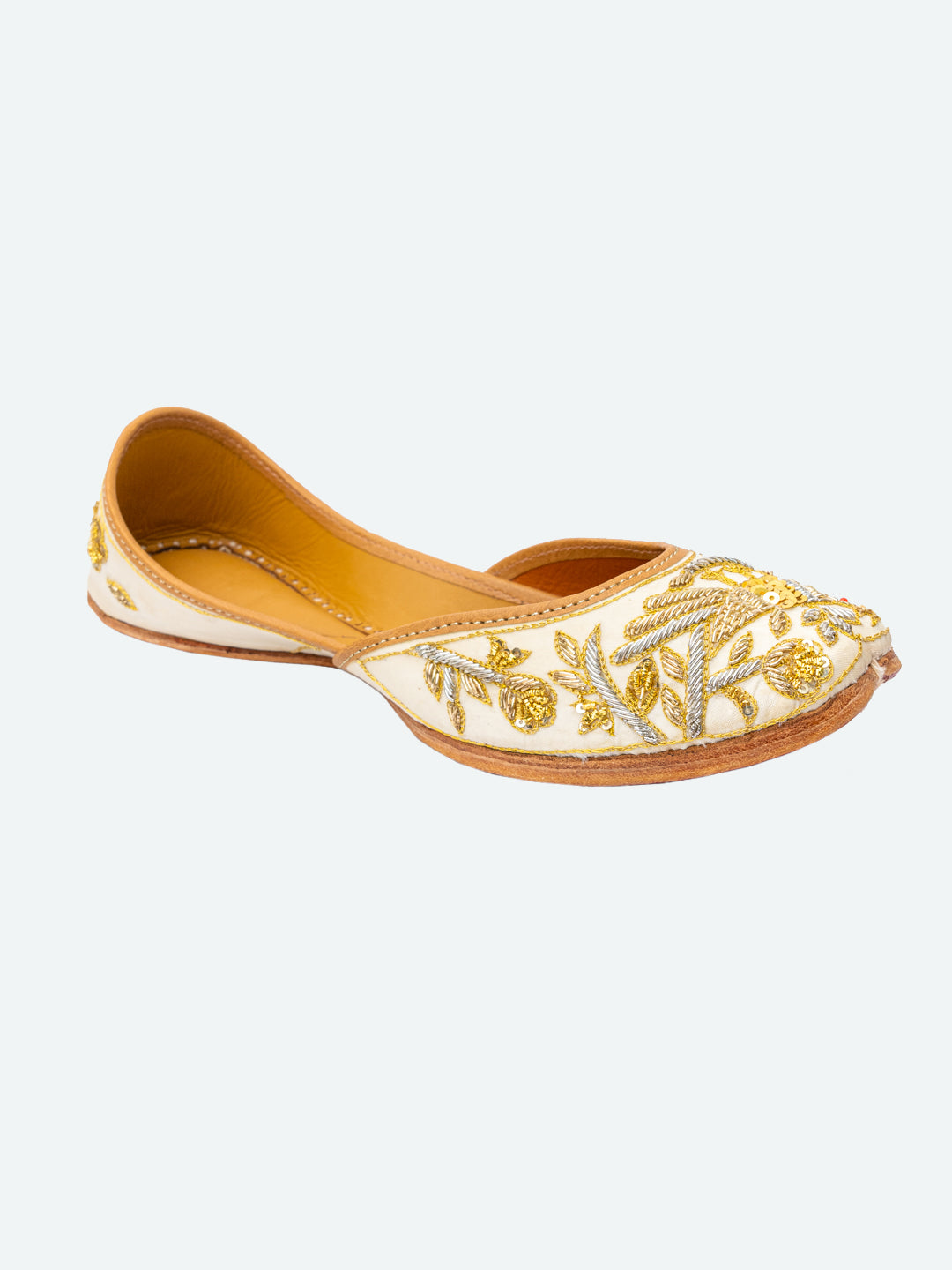NR By Nidhi Rathi Women Cream-Coloured Embellished Leather Ethnic Mojaris Flats