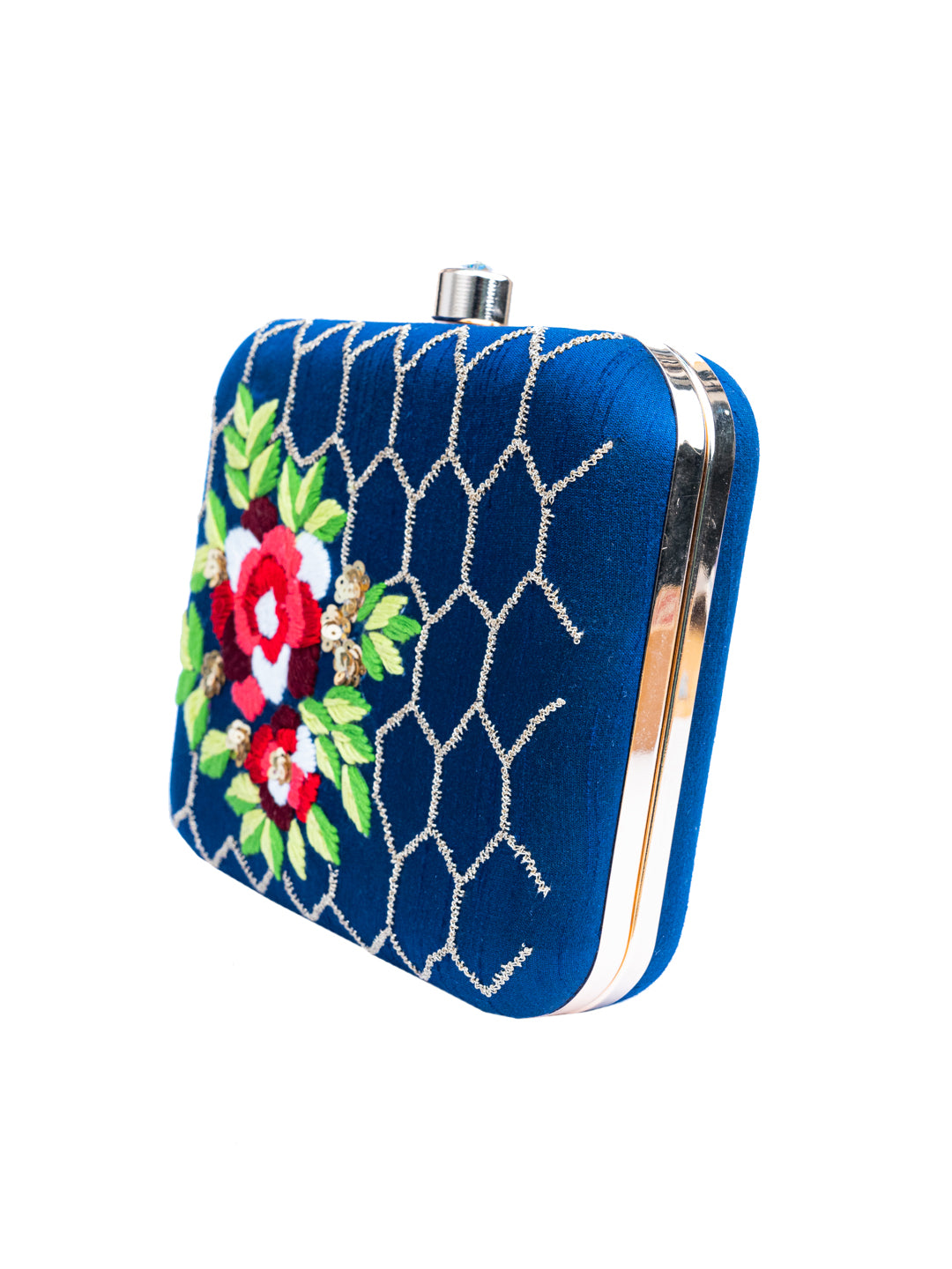 NR By Nidhi Rathi Navy Blue Green Embellished Box Clutch