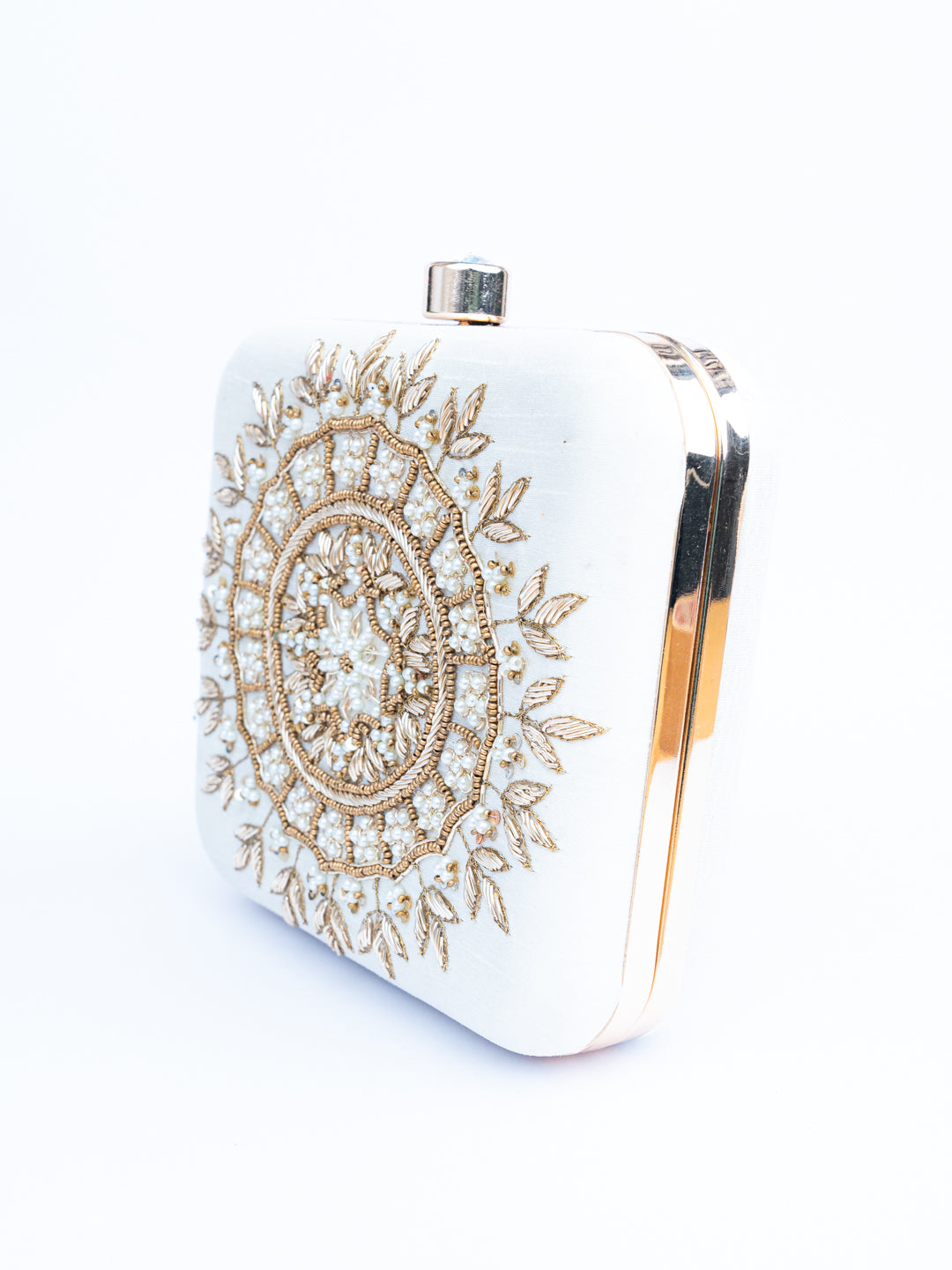 NR By Nidhi Rathi White Gold-Toned Embellished Box Clutch