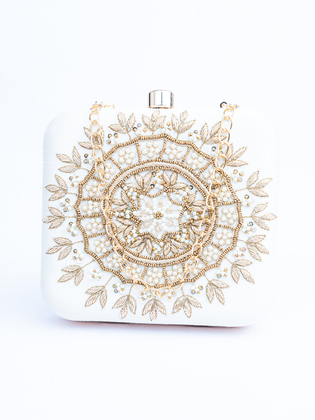 NR By Nidhi Rathi White Gold-Toned Embellished Box Clutch