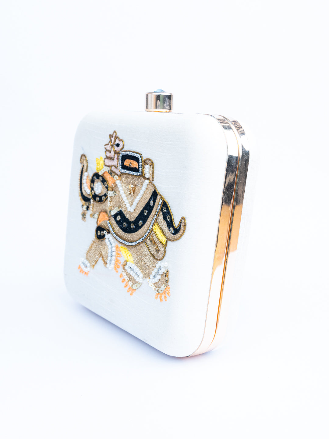 NR By Nidhi Rathi White Gold-Toned Embroidered Box Clutch