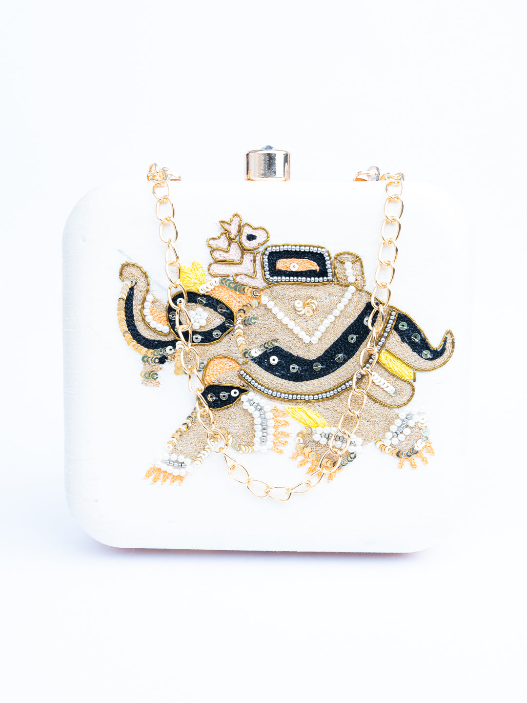 NR By Nidhi Rathi White Gold-Toned Embroidered Box Clutch