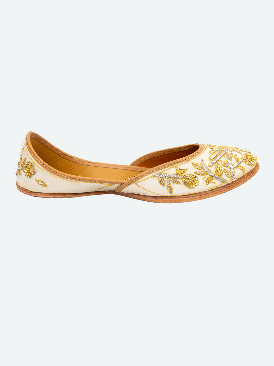 NR By Nidhi Rathi Women Cream-Coloured Embellished Leather Ethnic Mojaris Flats