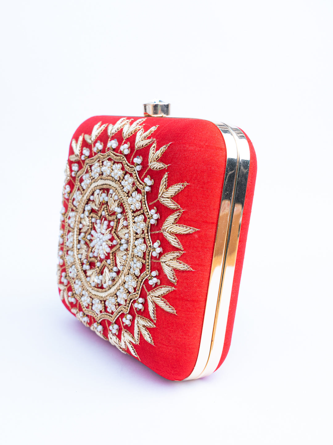 NR By Nidhi Rathi Red Gold-Toned Mandala Hand Embroidered Box Clutch