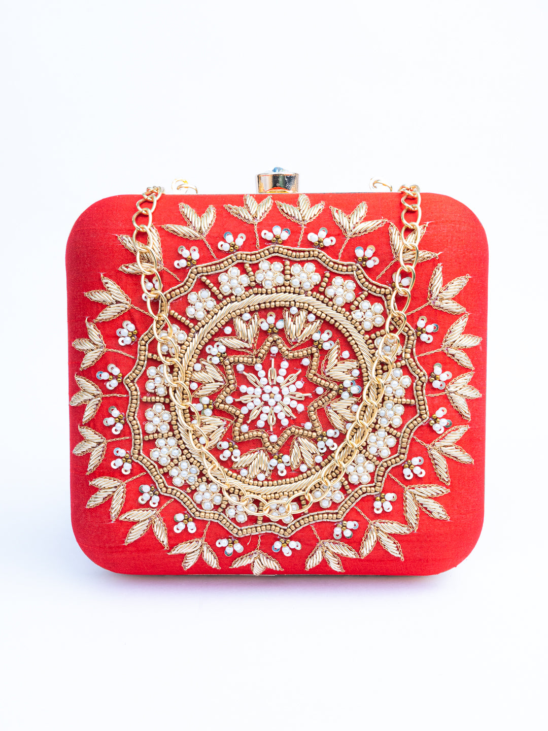 NR By Nidhi Rathi Red Gold-Toned Mandala Hand Embroidered Box Clutch
