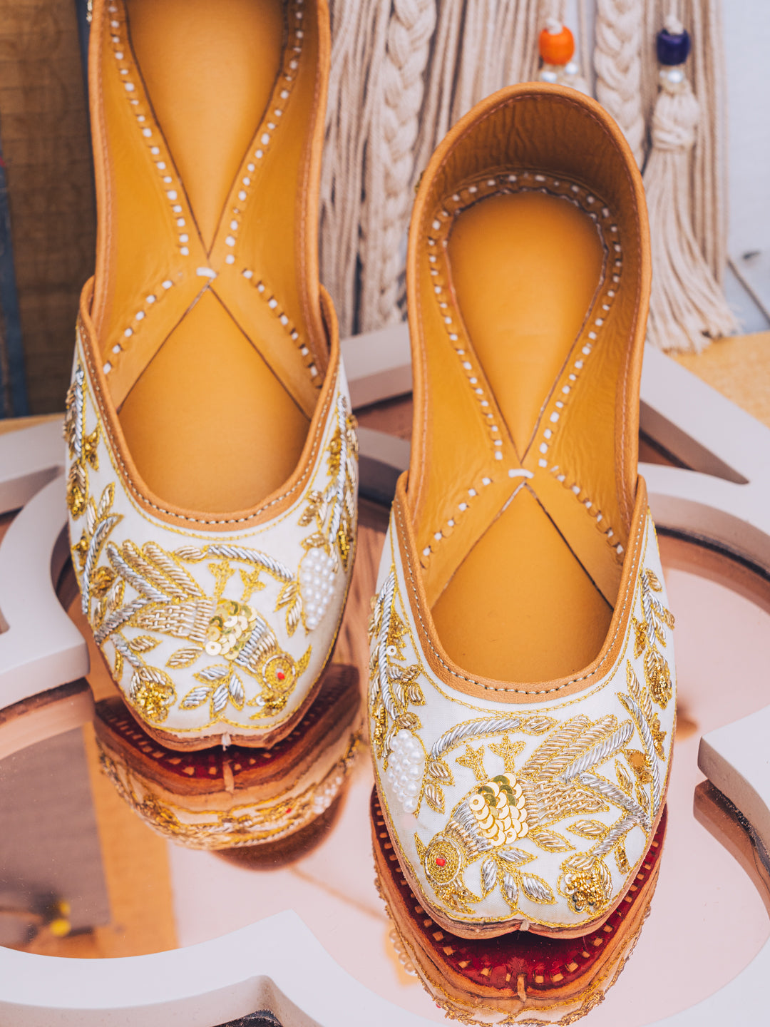 NR By Nidhi Rathi Women Cream-Coloured Embellished Leather Ethnic Mojaris Flats