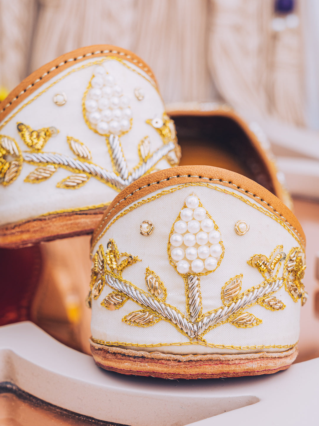 NR By Nidhi Rathi Women Cream-Coloured Embellished Leather Ethnic Mojaris Flats