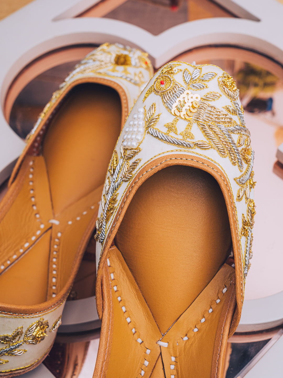 NR By Nidhi Rathi Women Cream-Coloured Embellished Leather Ethnic Mojaris Flats