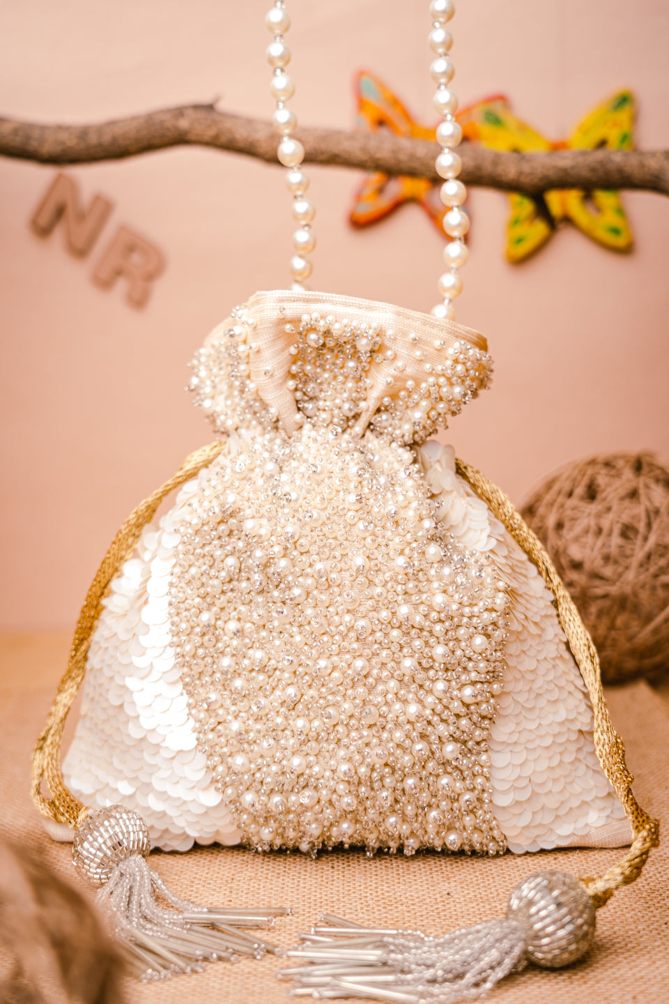 NR By Nidhi Rathi White &amp; Gold-Toned Embroidered Potli Clutch