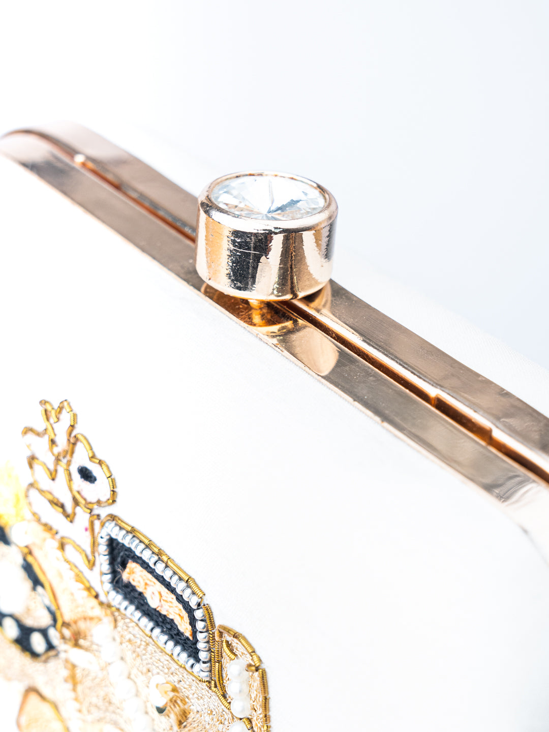 NR By Nidhi Rathi White Gold-Toned Embroidered Box Clutch