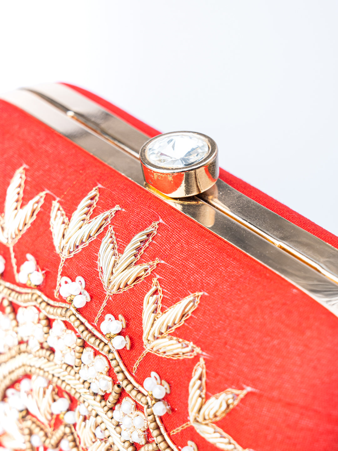 NR By Nidhi Rathi Red Gold-Toned Mandala Hand Embroidered Box Clutch