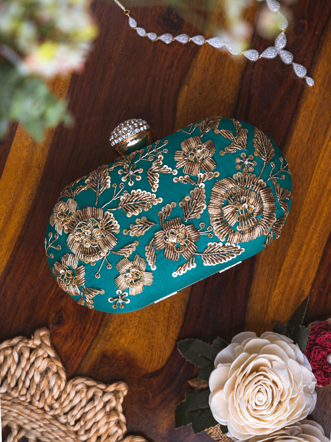Nidhi_Rathi_Green_Gold-Toned_Embellished_Box_Clutch