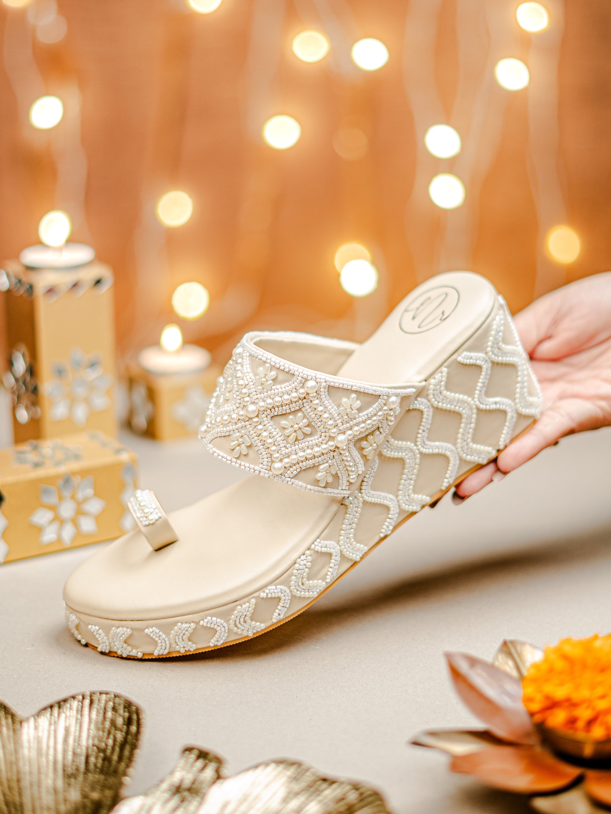 Beige Embellished Wedge Heels