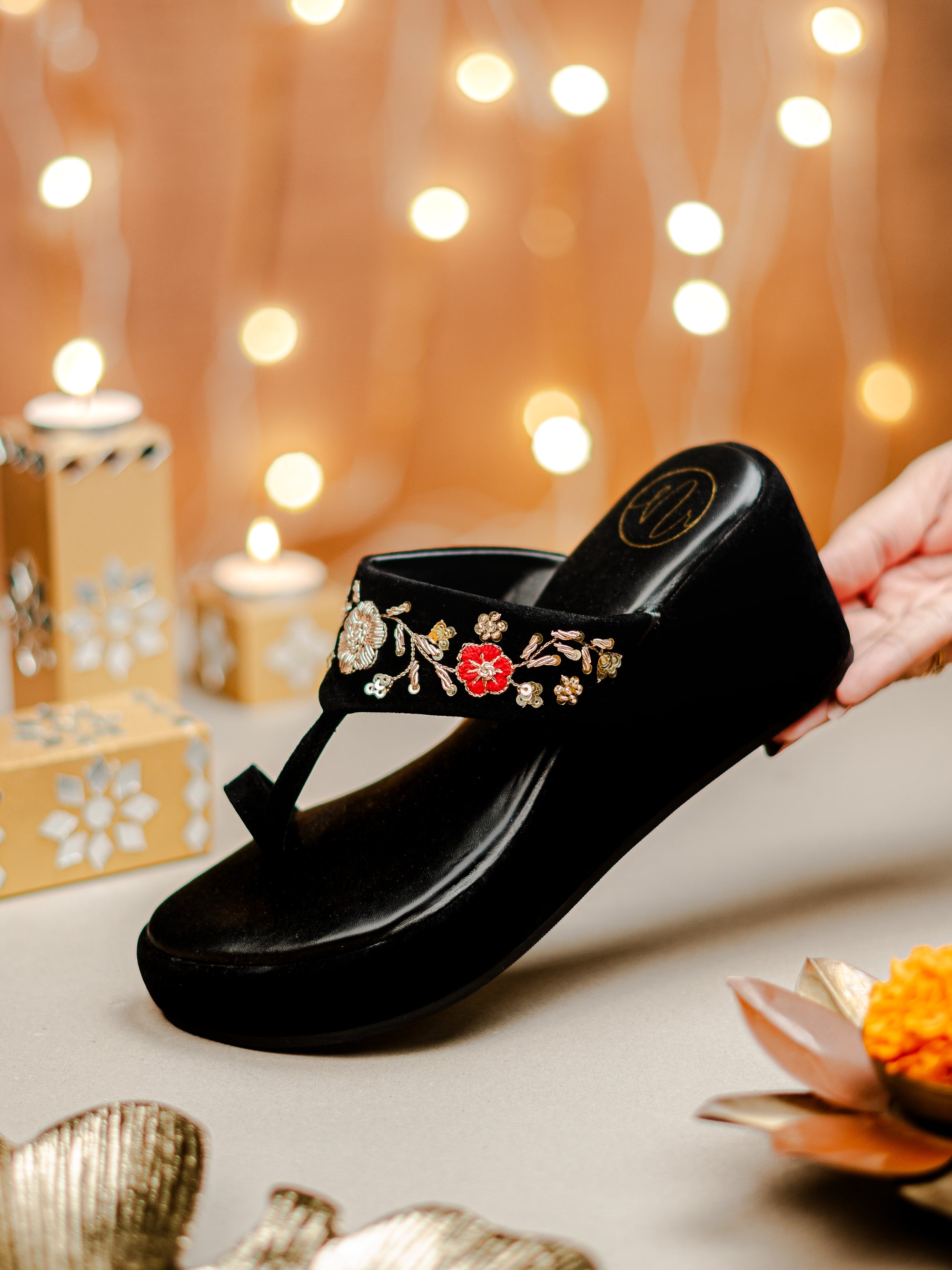 Embellished Velvet Ethnic Wedge Sandals