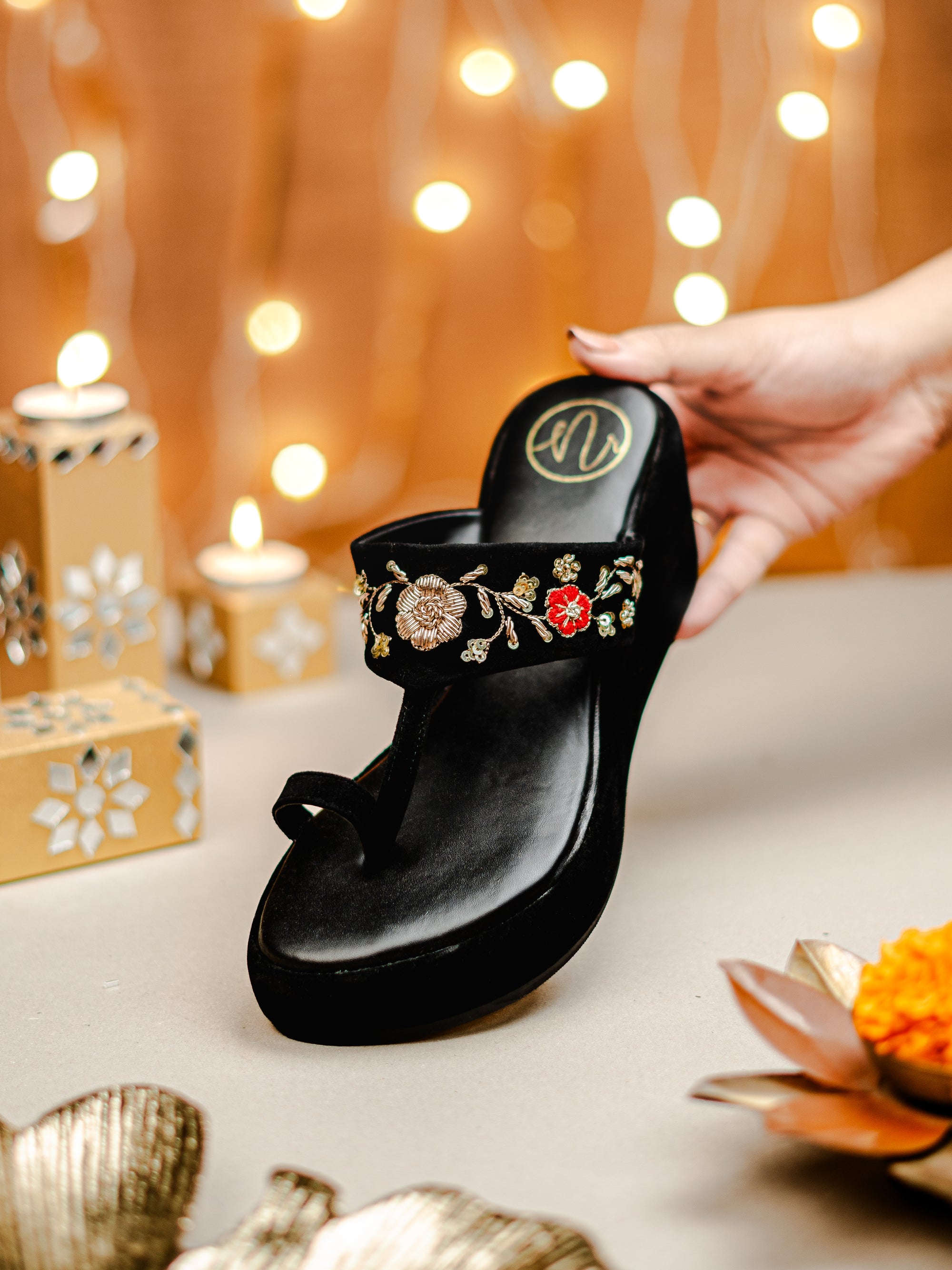 Embellished Velvet Ethnic Wedge Sandals