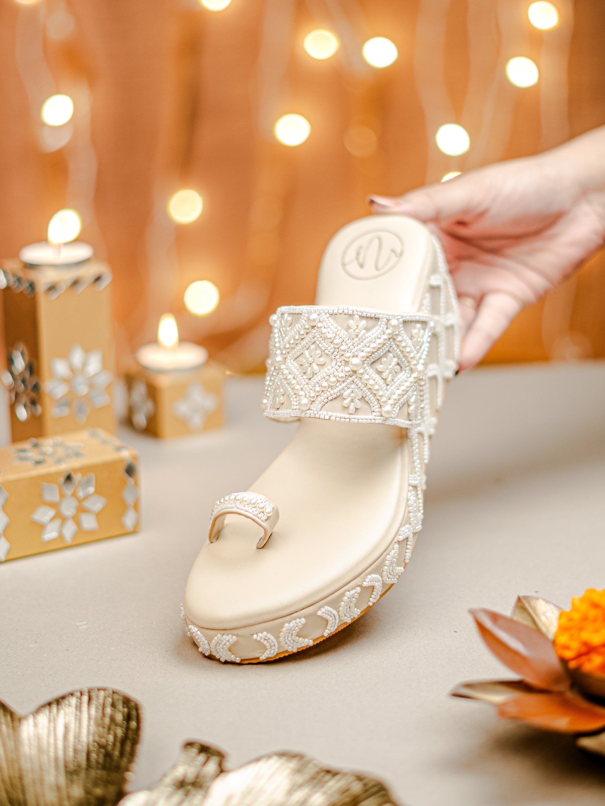 Beige Embellished Wedge Heels