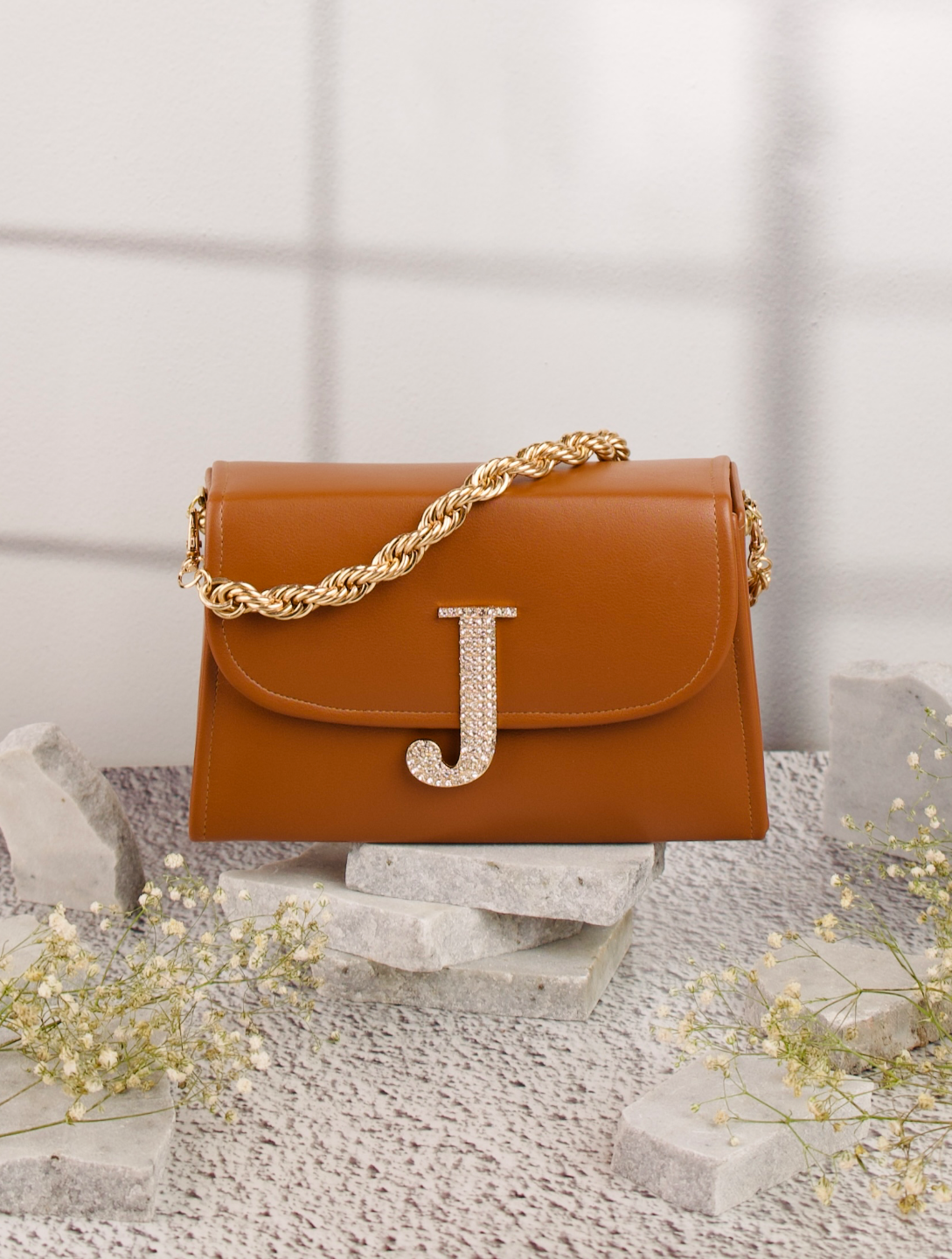 Tan_J_Alphabhet_Intial_Embellised_Flap_Bag_Nidhi_Rathi