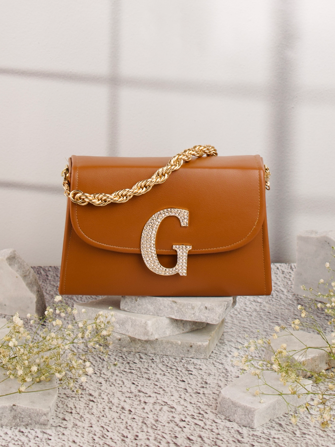 Tan_G_Alphabhet_Intial_Embellised_Flap_Bag_Nidhi_Rathi