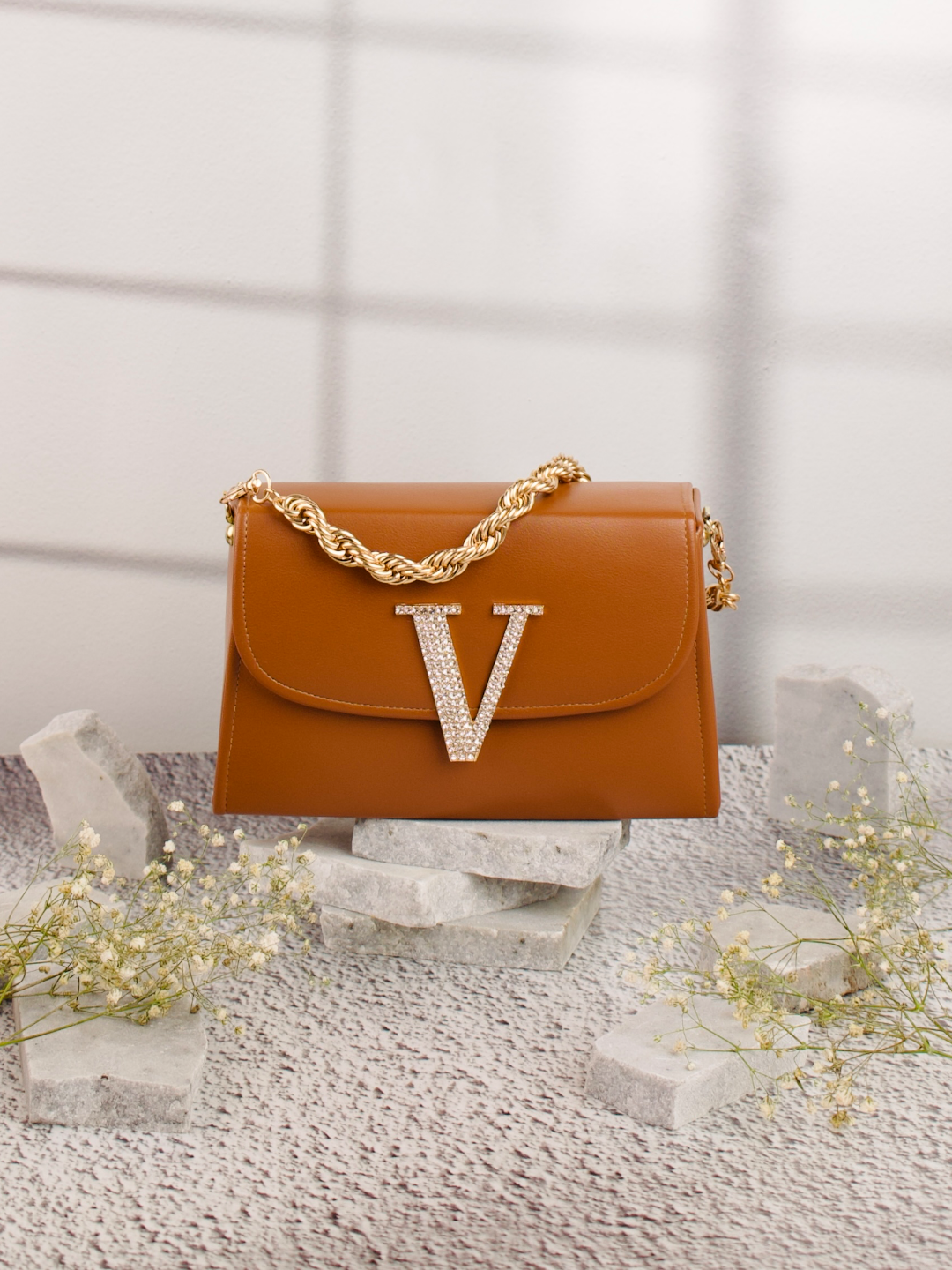 Tan_V_Alphabhet_Intial_Embellised_Flap_Bag_Nidhi_Rathi