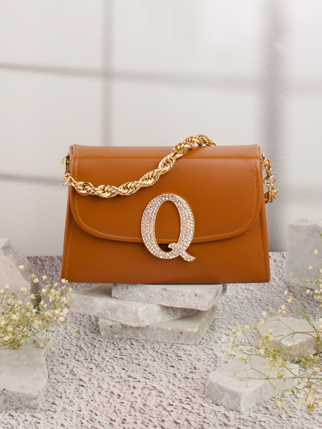 Tan_Q_Alphabhet_Intial_Embellised_Flap_Bag_Nidhi_Rathi