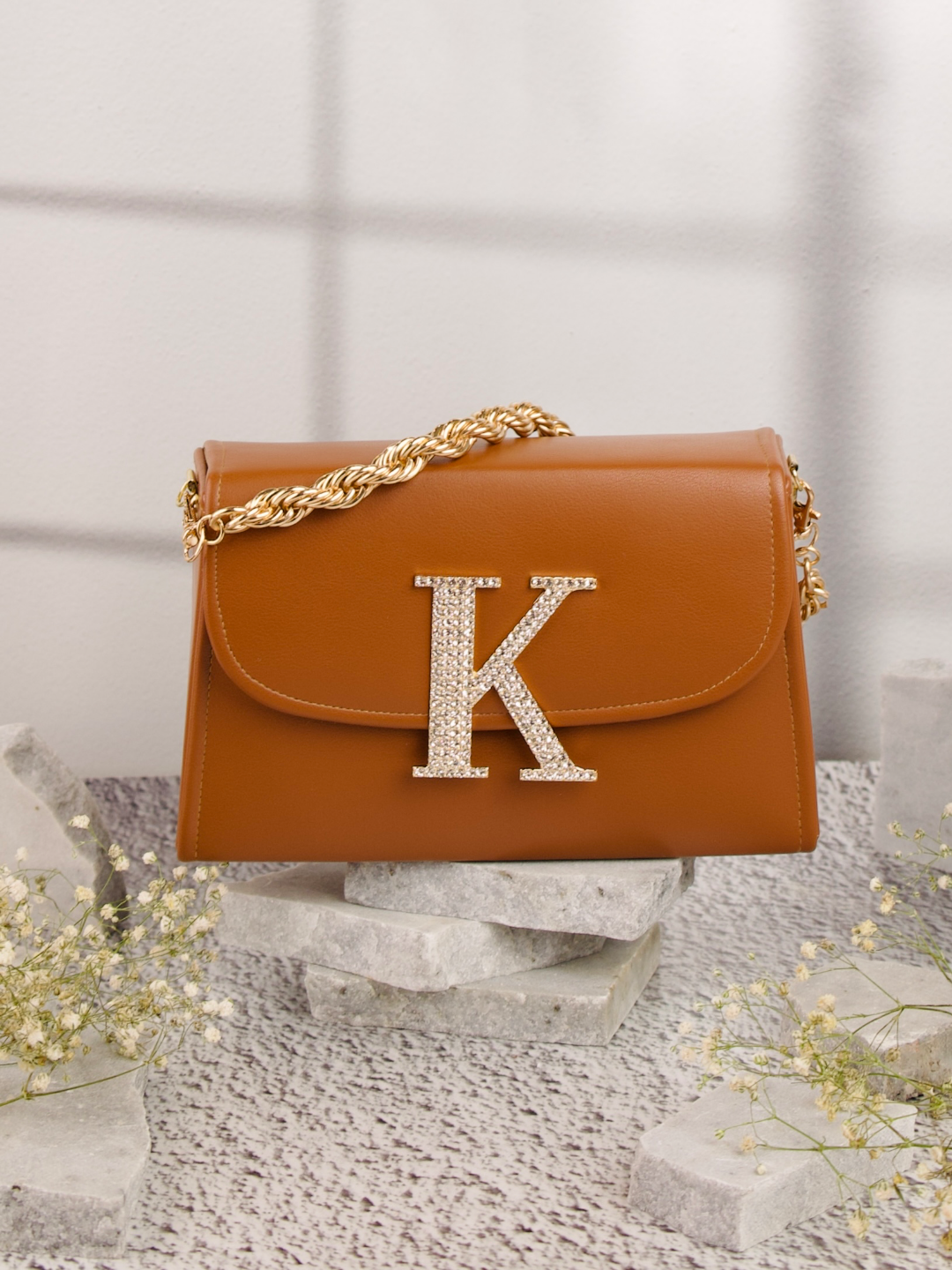 Tan_K_Alphabhet_Intial_Embellised_Flap_Bag_Nidhi_Rathi