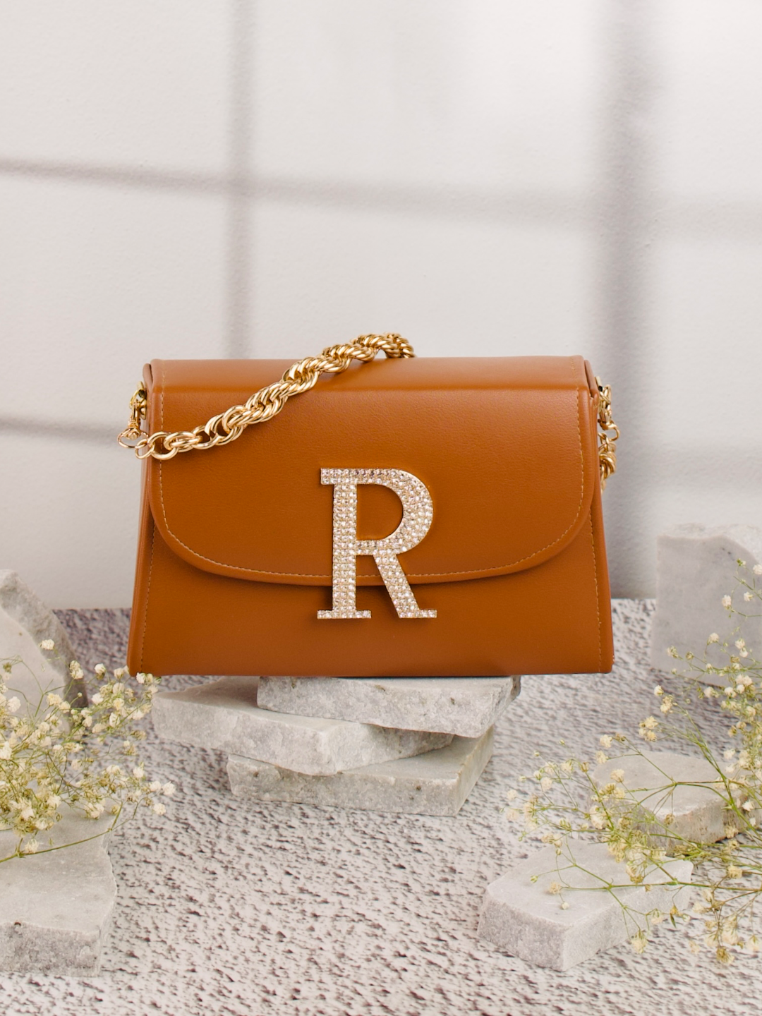 Tan_R_Alphabhet_Intial_Embellised_Flap_Bag_Nidhi_Rathi