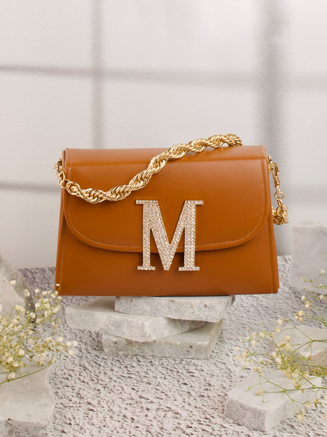 Tan_M_Alphabhet_Intial_Embellised_Flap_Bag_Nidhi_Rathi