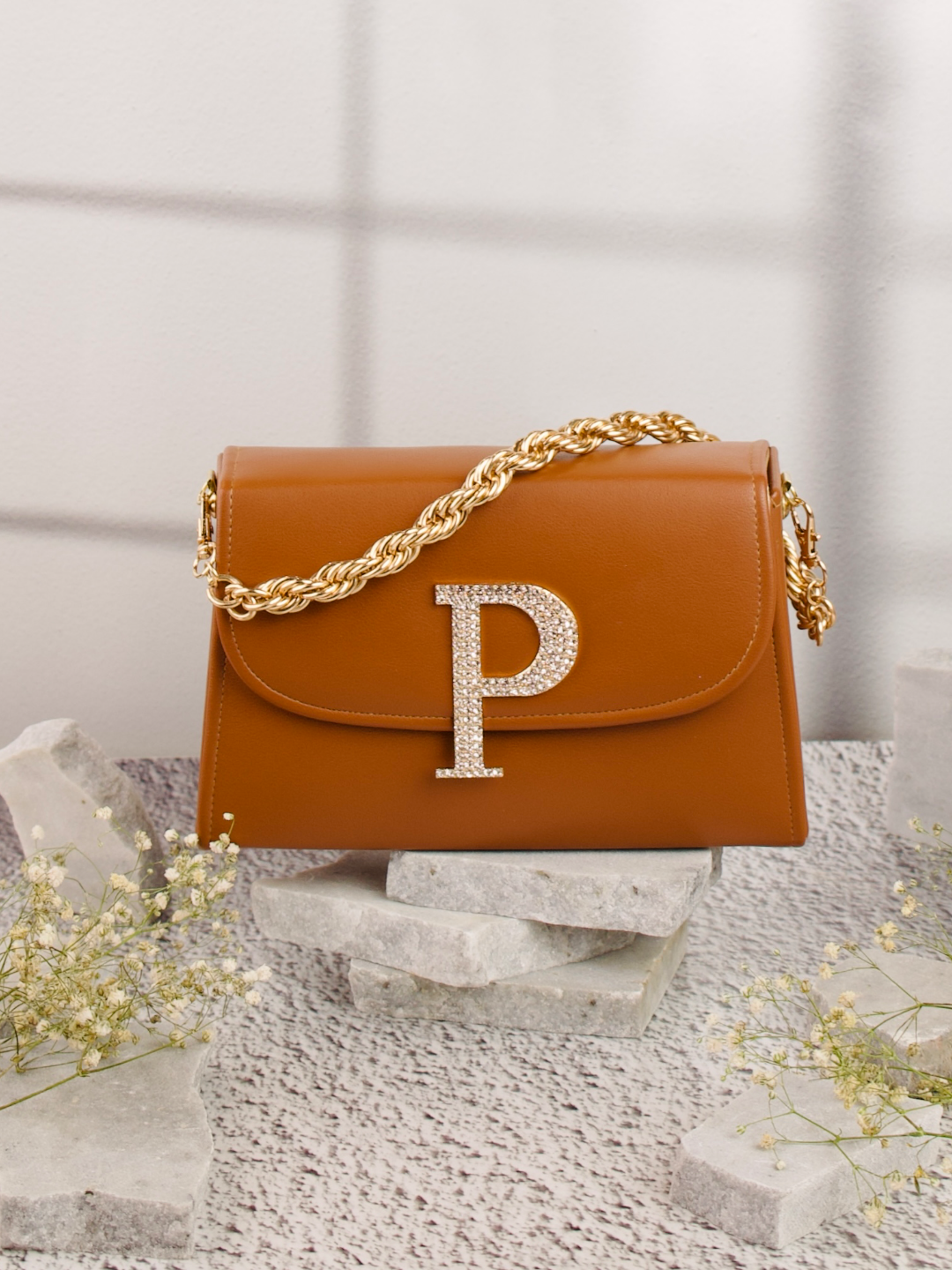 Tan_P_Alphabhet_Intial_Embellised_Flap_Bag_Nidhi_Rathi