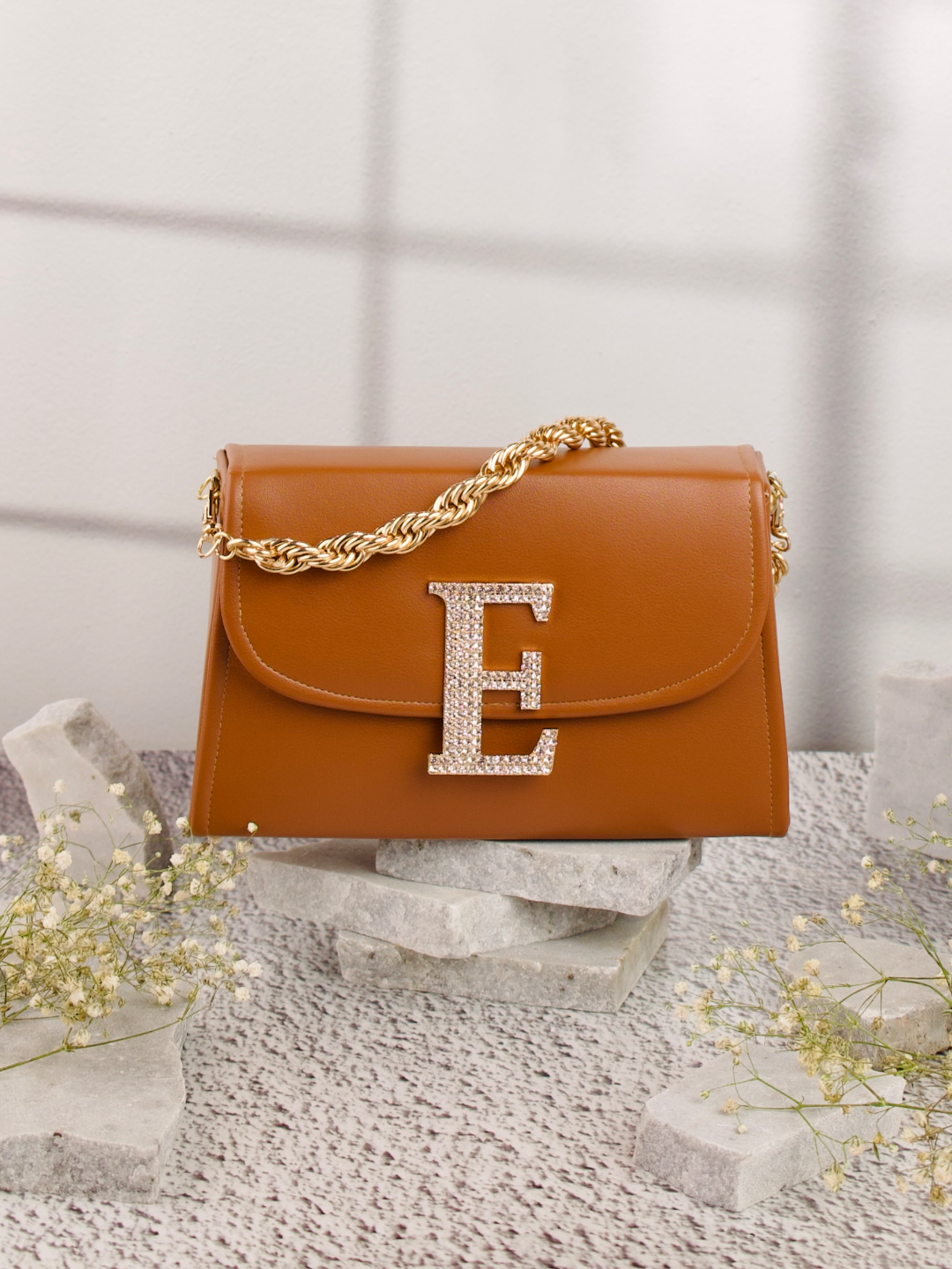 Tan_E_Alphabhet_Intial_Embellised_Flap_Bag_Nidhi_Rathi