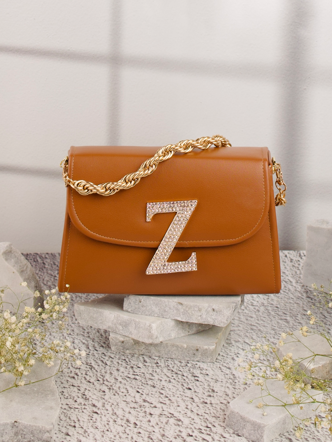 Tan_Z_Alphabhet_Intial_Embellised_Flap_Bag_Nidhi_Rathi