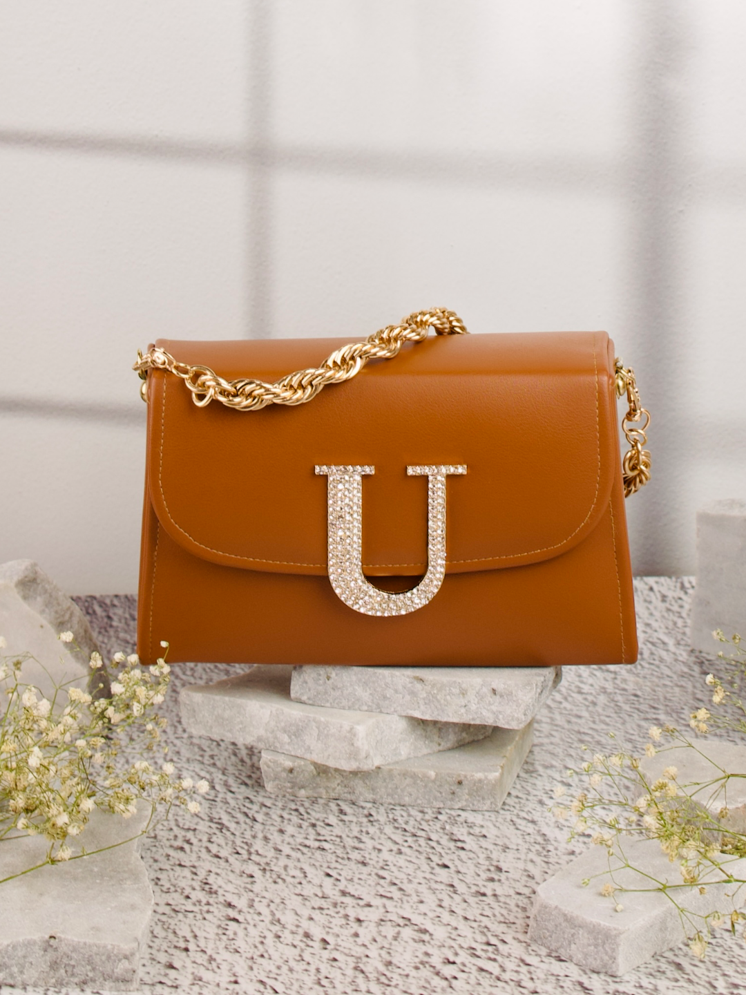 Tan_U_Alphabhet_Intial_Embellised_Flap_Bag_Nidhi_Rathi