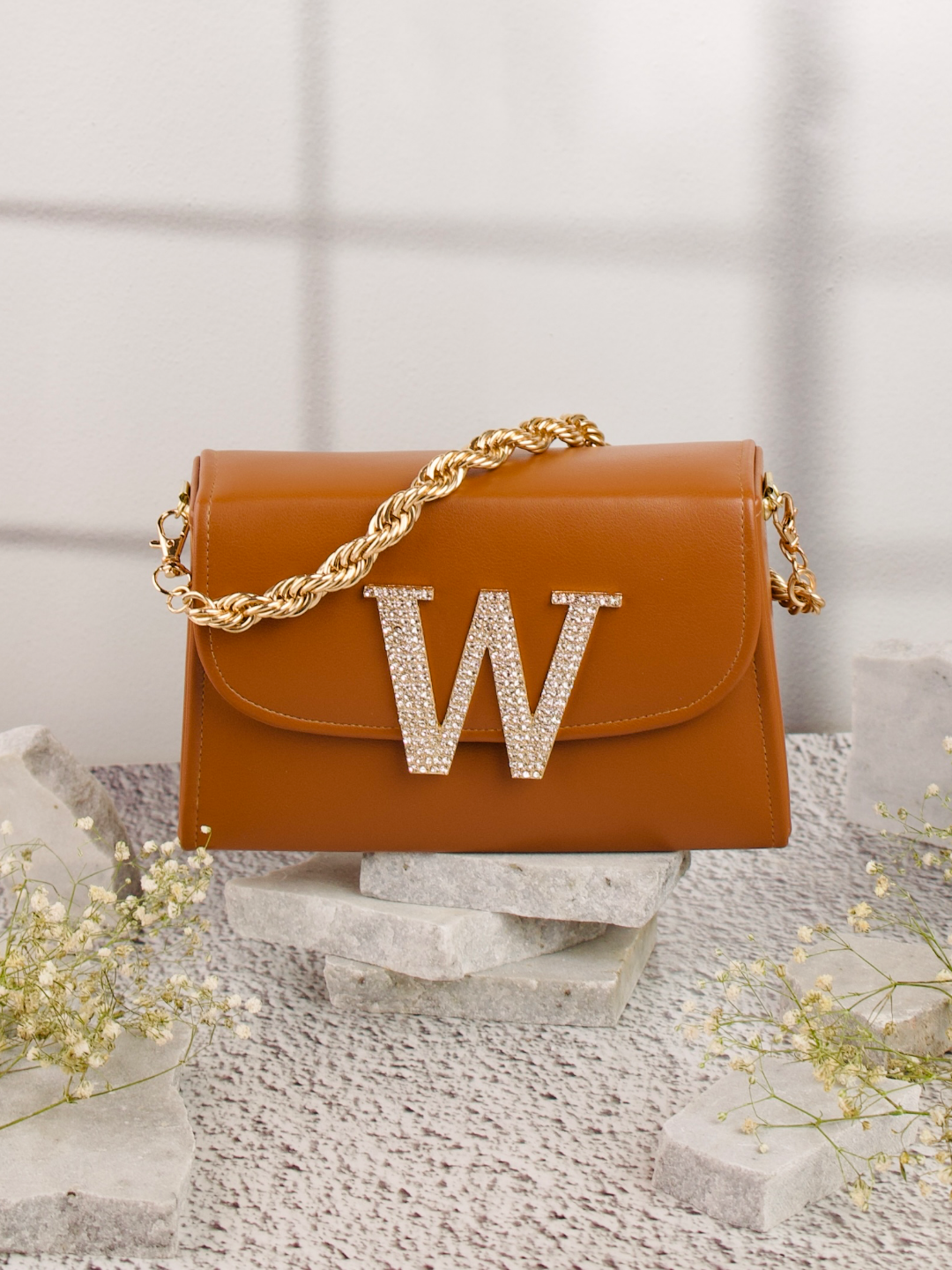 Tan_W_Alphabhet_Intial_Embellised_Flap_Bag_Nidhi_Rathi