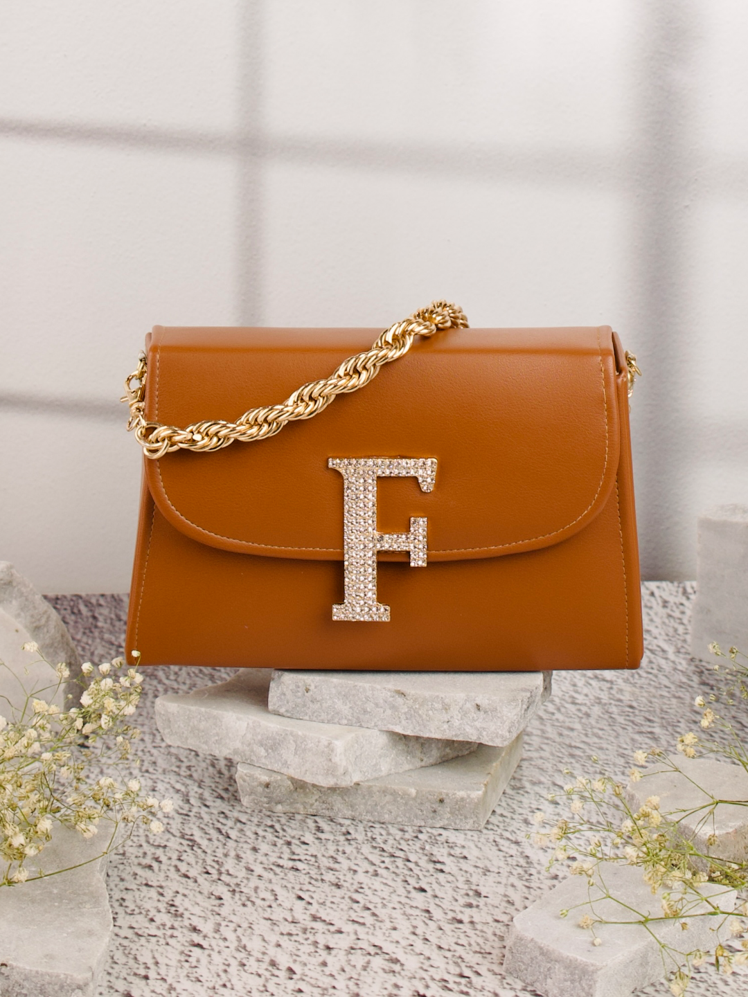 Tan_F_Alphabhet_Intial_Embellised_Flap_Bag_Nidhi_Rathi