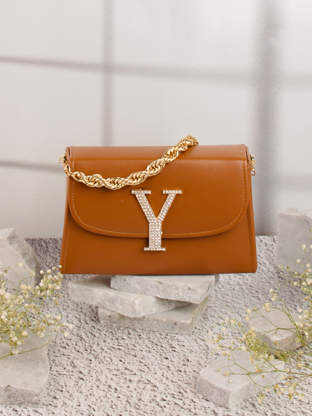 Tan_Y_Alphabhet_Intial_Embellised_Flap_Bag_Nidhi_Rathi