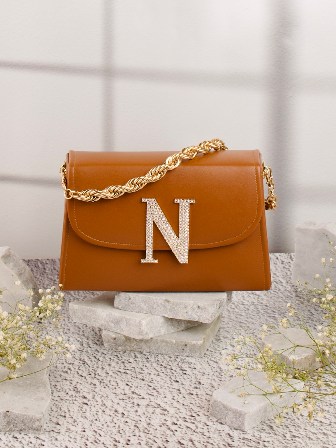 Tan_N_Alphabhet_Intial_Embellised_Flap_Bag_Nidhi_Rathi