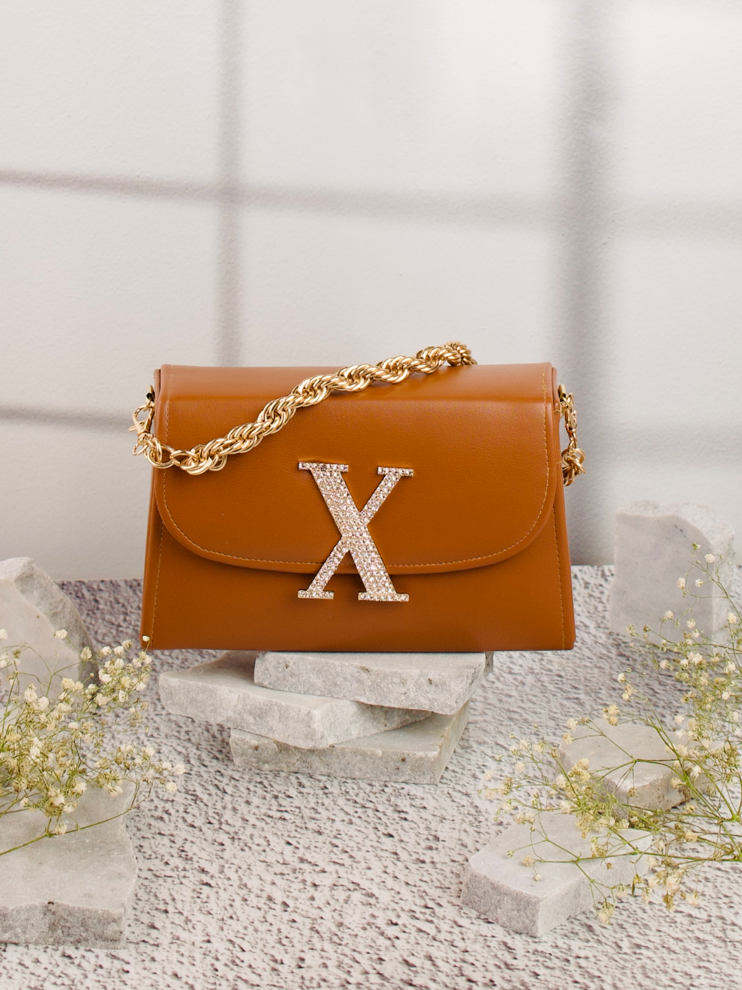 Tan_X_Alphabhet_Intial_Embellised_Flap_Bag_Nidhi_Rathi