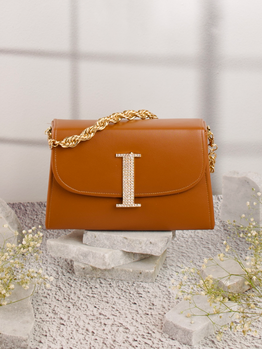 Tan_I_Alphabhet_Intial_Embellised_Flap_Bag_Nidhi_Rathi