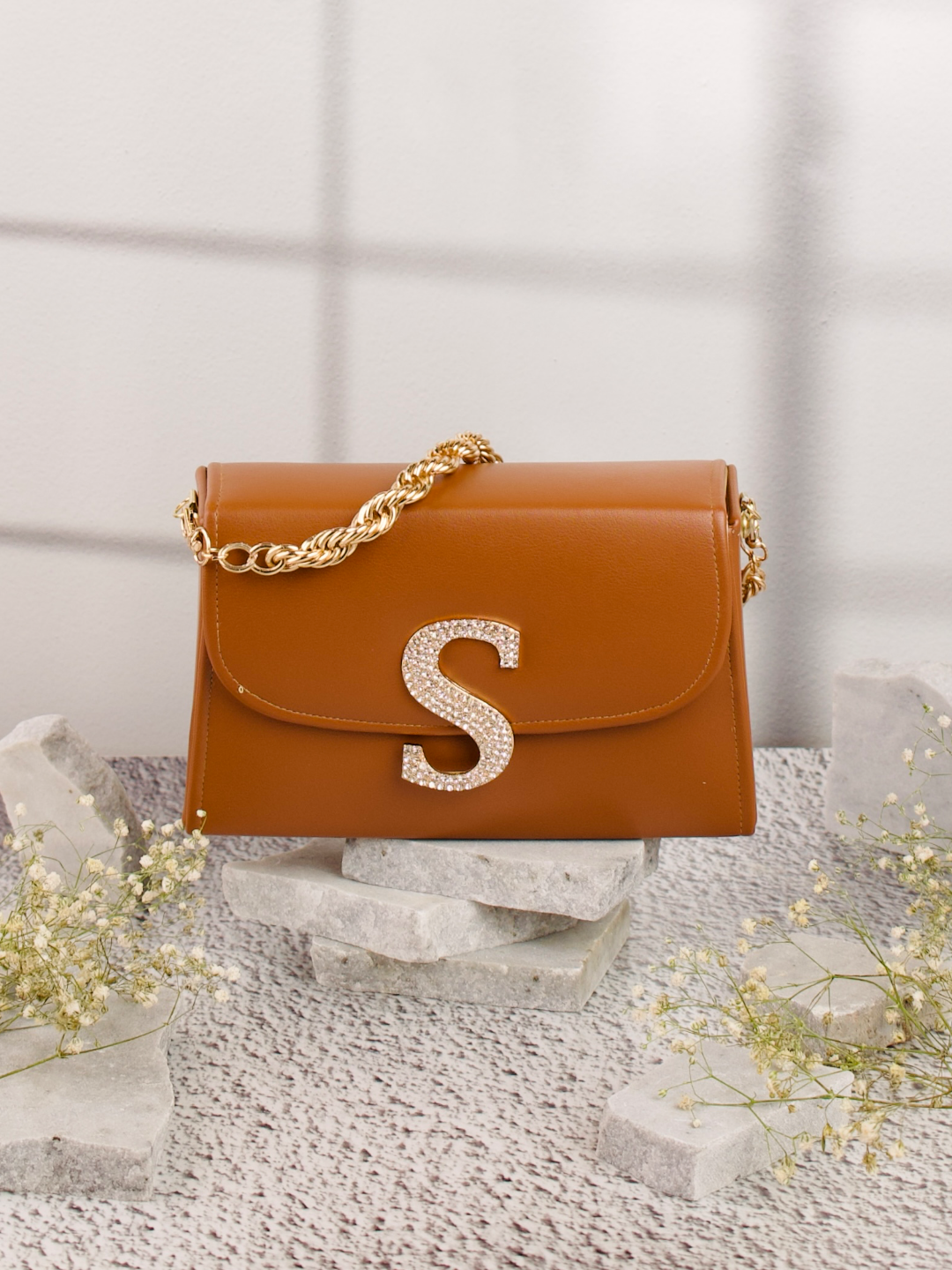 Tan_S_Alphabhet_Intial_Embellised_Flap_Bag_Nidhi_Rathi
