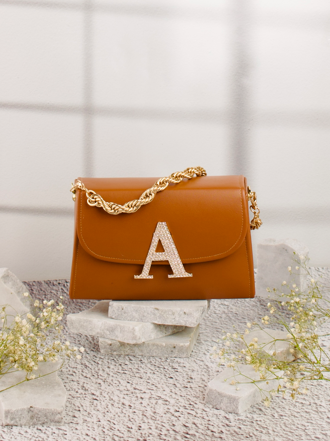Tan_A_Alphabhet_Intial_Embellised_Flap_Bag_Nidhi_Rathi