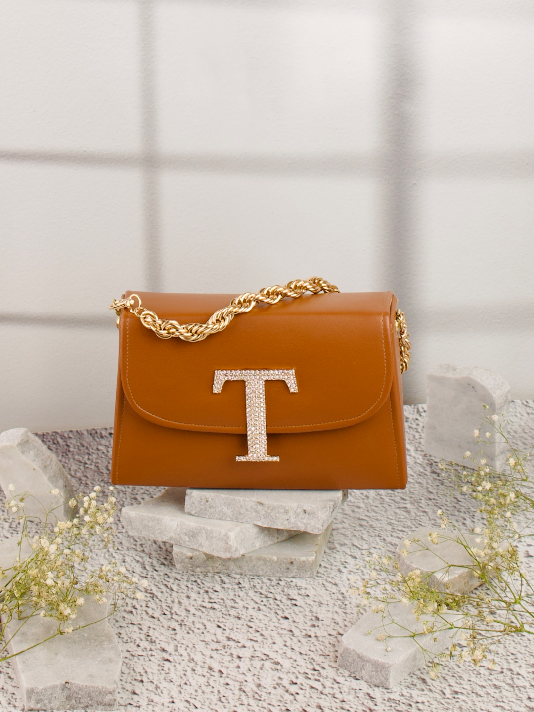 Tan_T_Alphabhet_Intial_Embellised_Flap_Bag_Nidhi_Rathi
